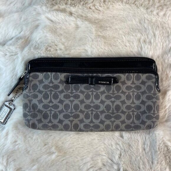 Coach Poppy Metallic Gray & Black Signature C Double Zip Wristlet Wallet - Picture 1 of 4